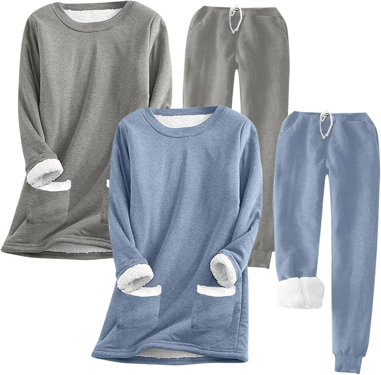2 Pack Winter Pajamas for Women Pajama Sets 2 Piece Pjs Set Fluffy Lounge Sets Fleece Sweatershirt Pants Loungewear