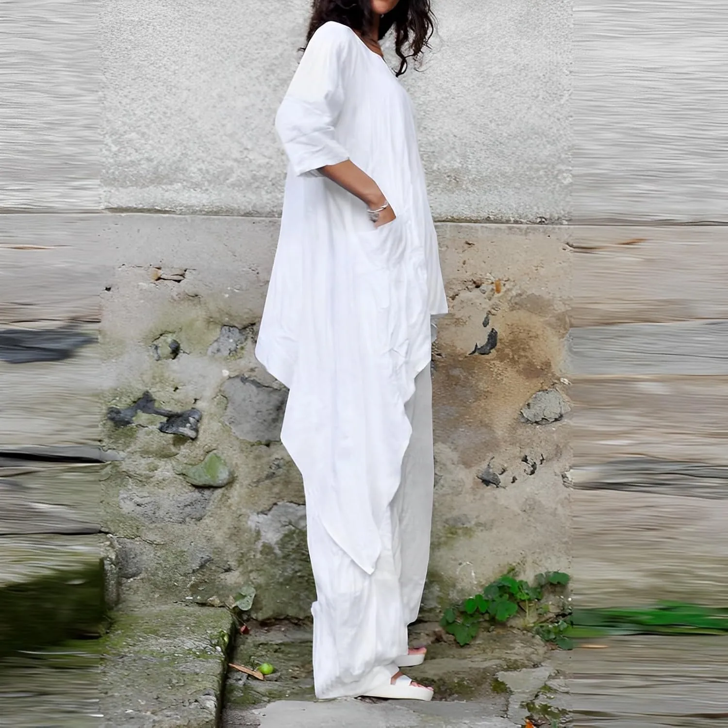 2 Piece Cotton Set for Women Long Sleeve Irregular Pullover Linen Shirt Fall Casual Wide Leg Pants Suit