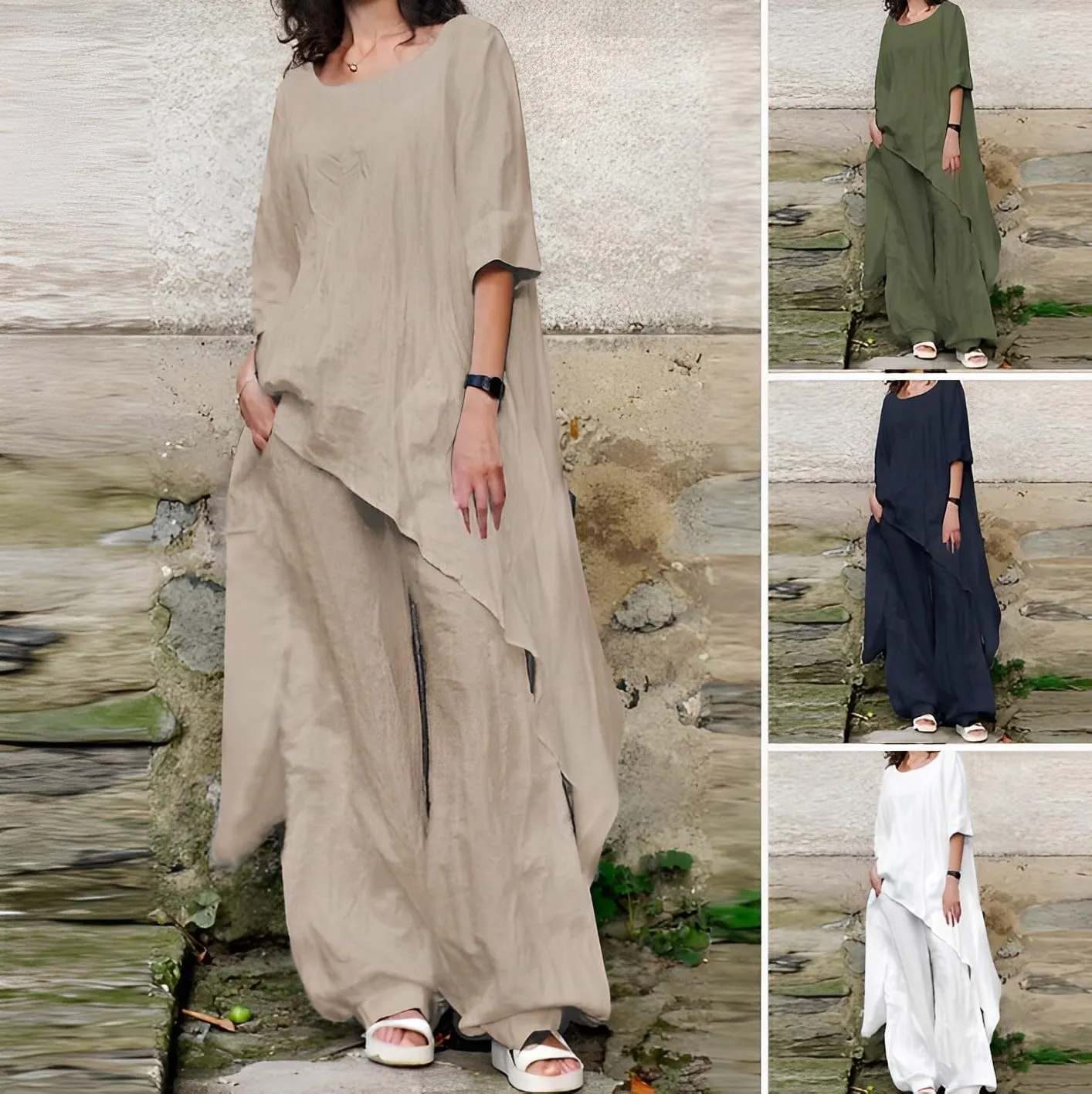 2 Piece Cotton Set for Women Long Sleeve Irregular Pullover Linen Shirt Fall Casual Wide Leg Pants Suit