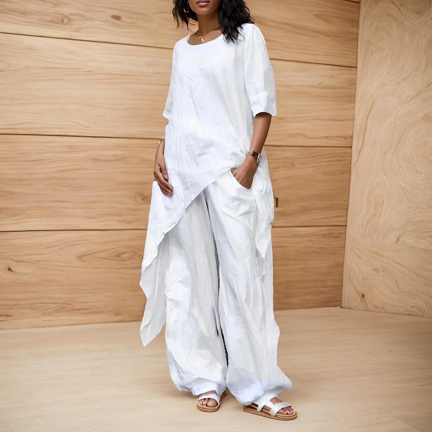 2 Piece Cotton Set for Women Long Sleeve Irregular Pullover Linen Shirt Fall Casual Wide Leg Pants Suit