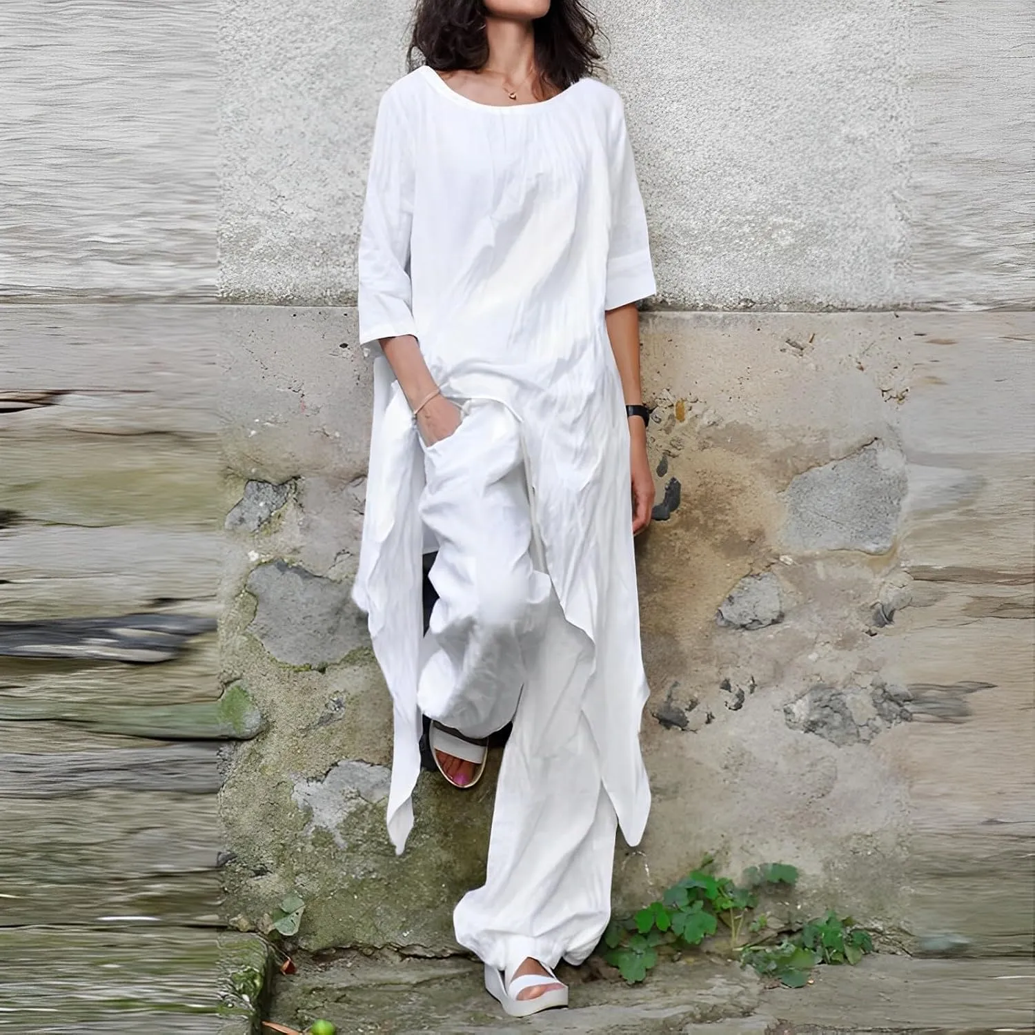 2 Piece Cotton Set for Women Long Sleeve Irregular Pullover Linen Shirt Fall Casual Wide Leg Pants Suit