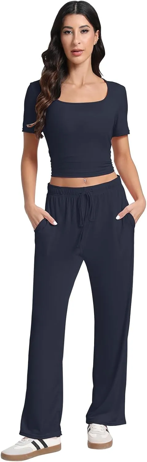 2 Piece Set For Women With Pockects,Wide Leg Pants Tracksuit Set Women