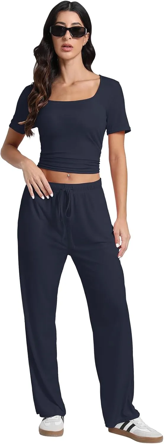2 Piece Set For Women With Pockects,Wide Leg Pants Tracksuit Set Women