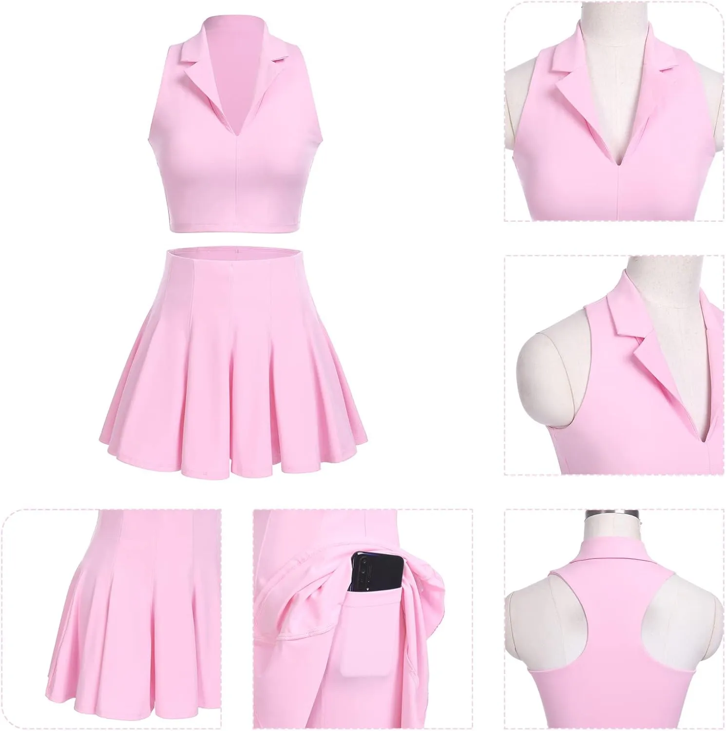 2 Piece Tennis Dress for Women Pleated Tennis Skirt Sleeveless Racerback Padded Crop Top Golf Workout Outfits