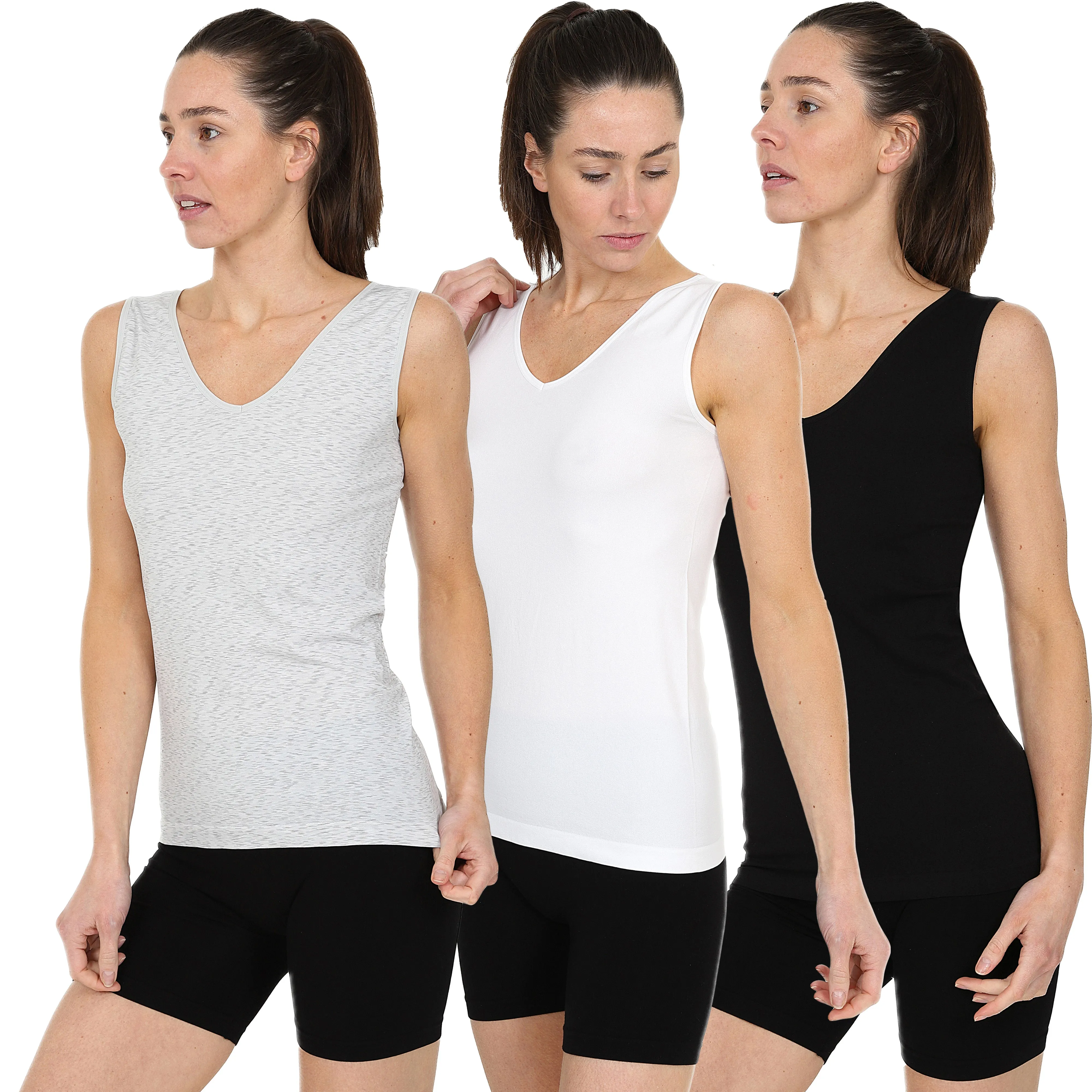 3 Pack Wide Strap Seamless V Neck Vest - Black / White / Grey