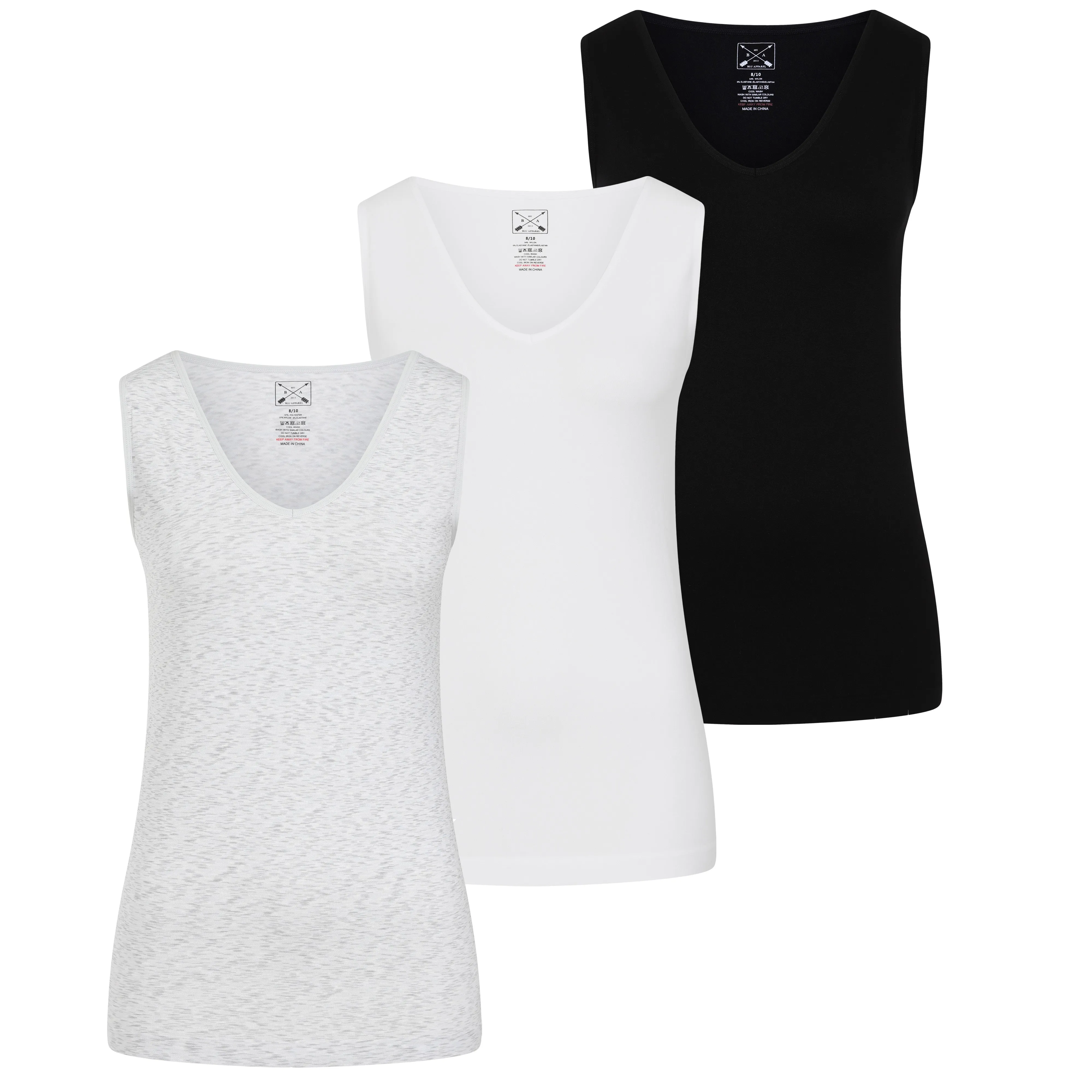 3 Pack Wide Strap Seamless V Neck Vest - Black / White / Grey