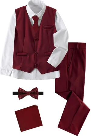 A&J DESIGN Boys 6-Piece Formal Suit Set with Dress Shirts, Vest, Pants, Tie, Bowtie and Pocket Square