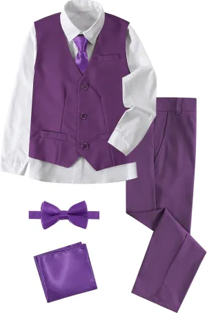 A&J DESIGN Boys 6-Piece Formal Suit Set with Dress Shirts, Vest, Pants, Tie, Bowtie and Pocket Square