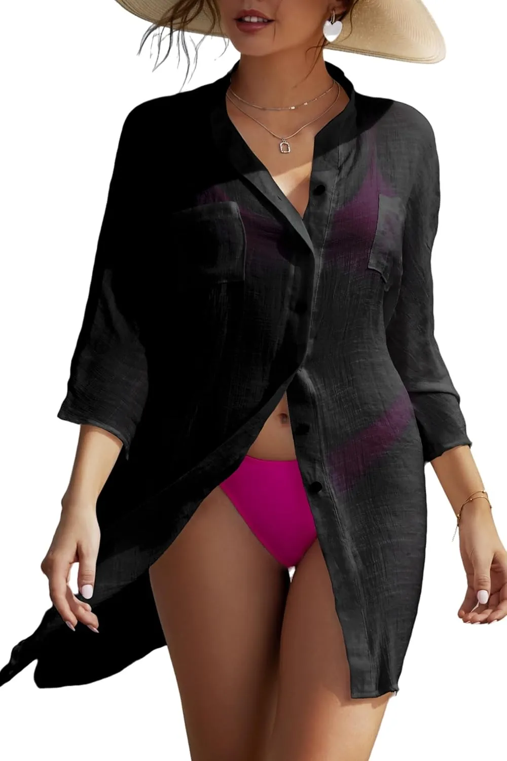 Adisputent Womens Swimsuit Cover up Shirts Long Sleeve Button Down Bikini Beachwear Dress Loose Bathing Suit Cover Ups