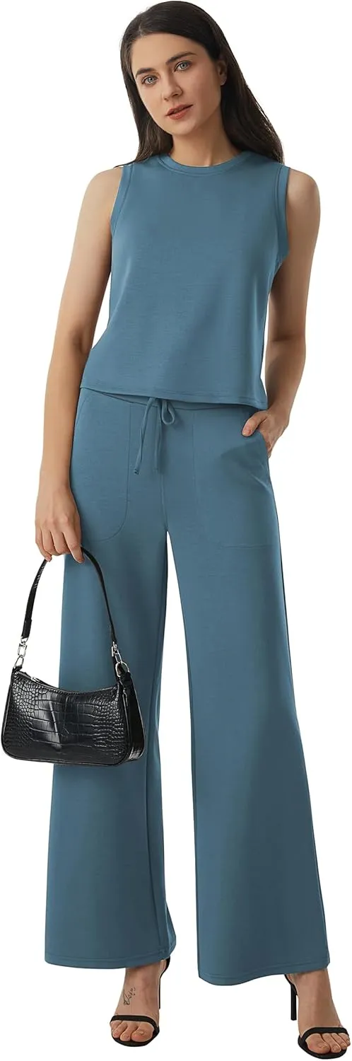 AFITNE Women's 2 Piece Outfits Air Essentials Sleeveless Tank Crop Top Wide Leg Sweatpants Lounge Set 2025 Tracksuit