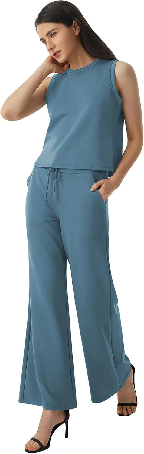 AFITNE Women's 2 Piece Outfits Air Essentials Sleeveless Tank Crop Top Wide Leg Sweatpants Lounge Set 2025 Tracksuit