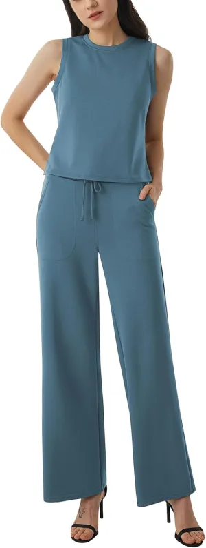 AFITNE Women's 2 Piece Outfits Air Essentials Sleeveless Tank Crop Top Wide Leg Sweatpants Lounge Set 2025 Tracksuit