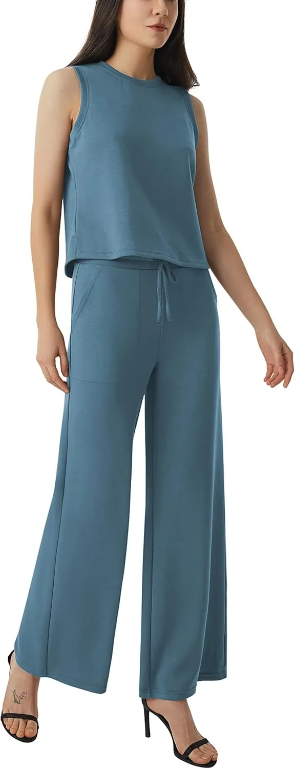 AFITNE Women's 2 Piece Outfits Air Essentials Sleeveless Tank Crop Top Wide Leg Sweatpants Lounge Set 2025 Tracksuit