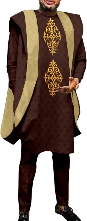 African Clothing for Men Agbada Robe Print Shirts and Ankara Pants 3 Piece Suit for Wedding Evening Outfits