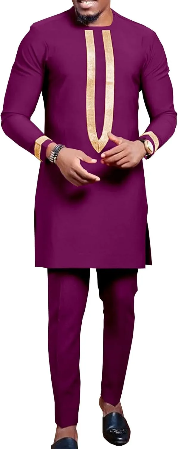 African Clothing for Men Full Sleeve Embroidery Shirts and Pants 2 Pieces Outfits Plus Size African Suit