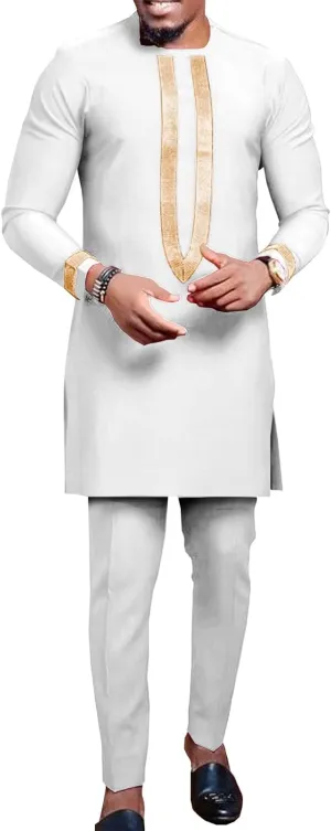 African Clothing for Men Full Sleeve Embroidery Shirts and Pants 2 Pieces Outfits Plus Size African Suit