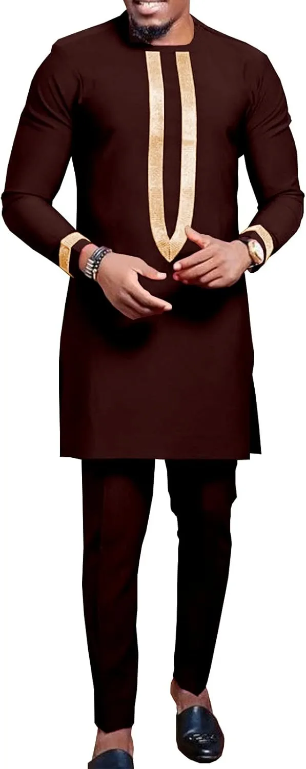 African Clothing for Men Full Sleeve Embroidery Shirts and Pants 2 Pieces Outfits Plus Size African Suit