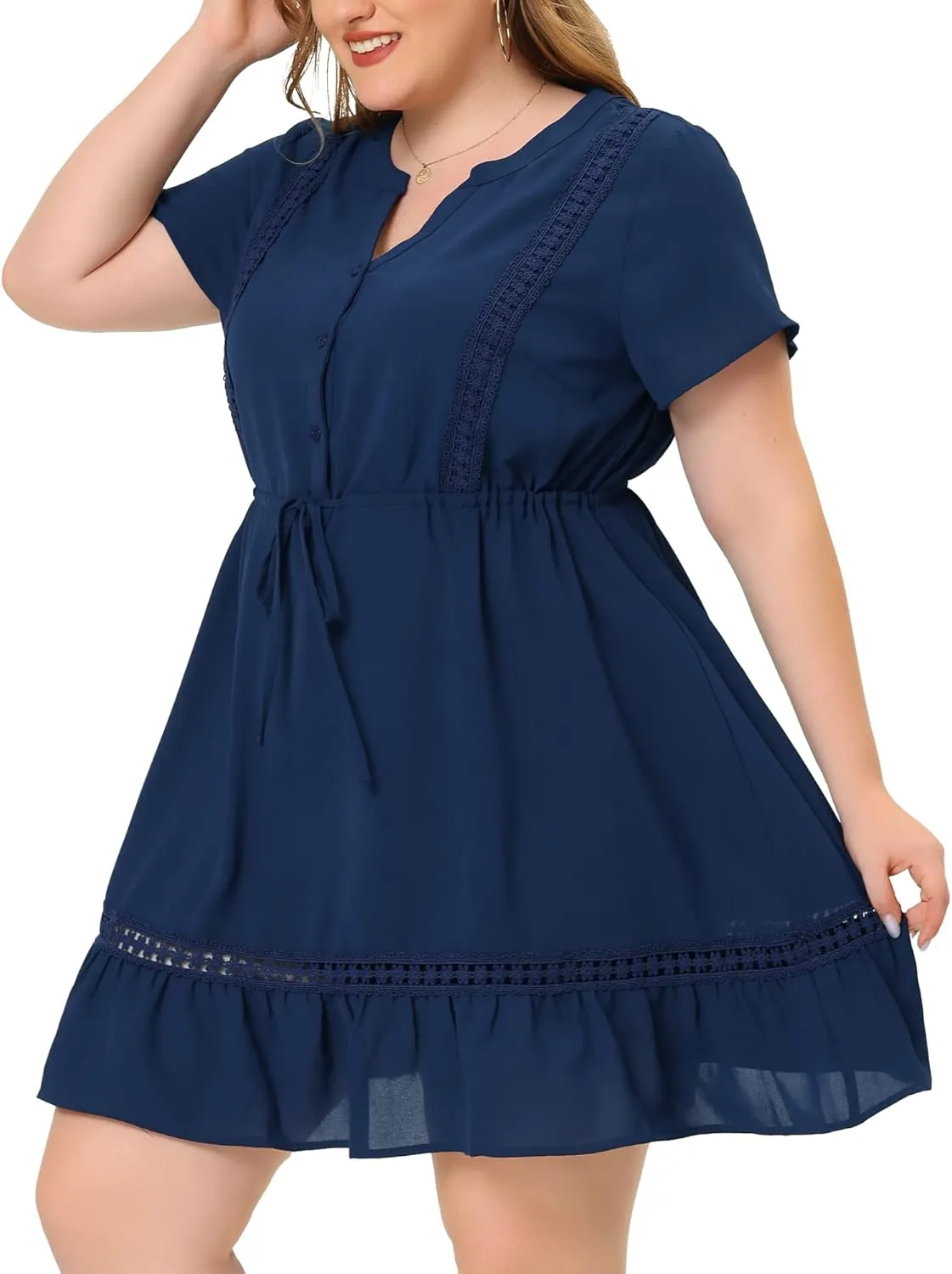 Agnes Orinda Plus Size Dress for Women Button V Neck Summer Midi Ruffle A Line Swing Dresses