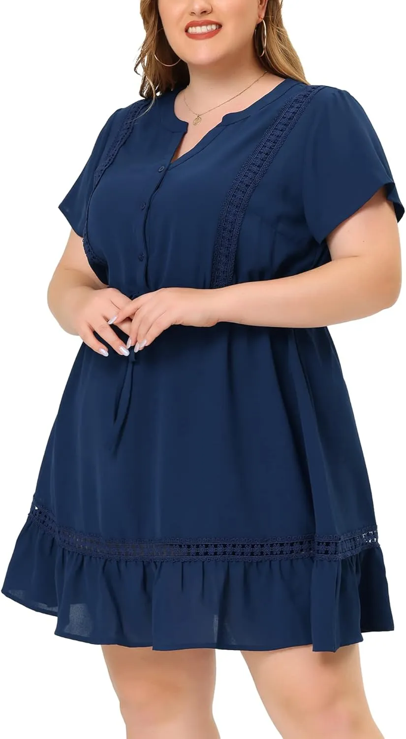 Agnes Orinda Plus Size Dress for Women Button V Neck Summer Midi Ruffle A Line Swing Dresses