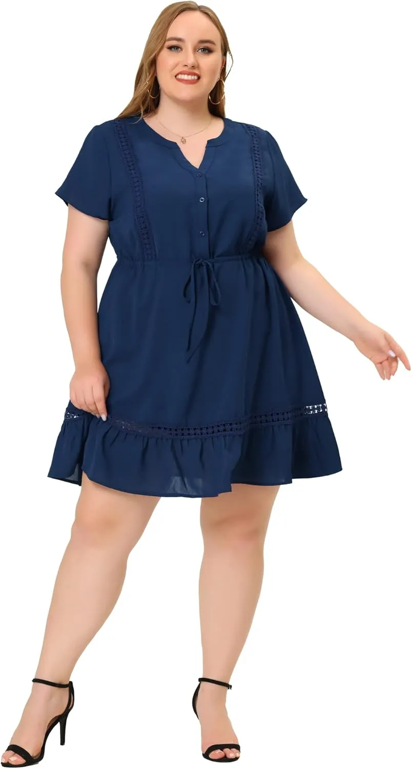 Agnes Orinda Plus Size Dress for Women Button V Neck Summer Midi Ruffle A Line Swing Dresses