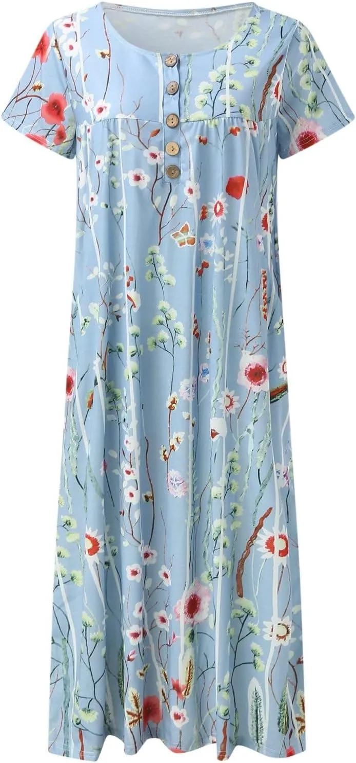 Akivide Women Casual Boho Short Sleeve Maxi Dress with Pocket Summer Loose Button Up Flowy Beach Long Tshirt Dress
