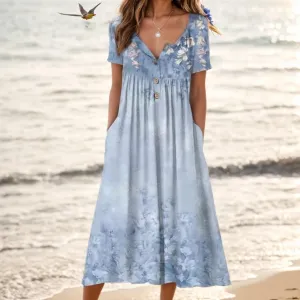 Akivide Women Casual Boho Short Sleeve Maxi Dress with Pocket Summer Loose Button Up Flowy Beach Long Tshirt Dress