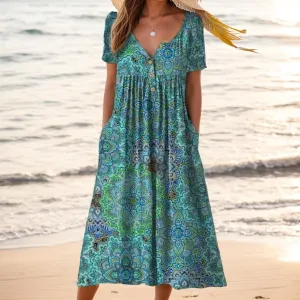 Akivide Women Casual Boho Short Sleeve Maxi Dress with Pocket Summer Loose Button Up Flowy Beach Long Tshirt Dress
