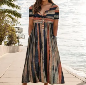 Akivide Women Casual Boho Short Sleeve Maxi Dress with Pocket Summer Loose Button Up Flowy Beach Long Tshirt Dress
