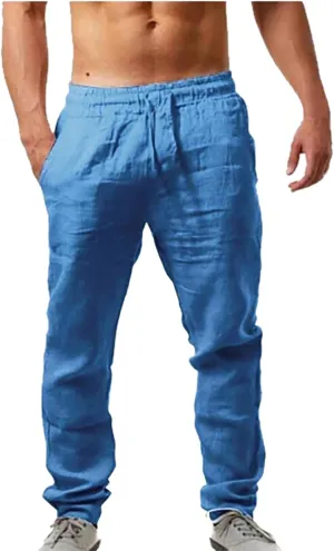 Alalaso Mens Long Pants Drawstring Stretch Trendy Cotton Linen Casual Summer Wicking Breathable Solid Color Trousers