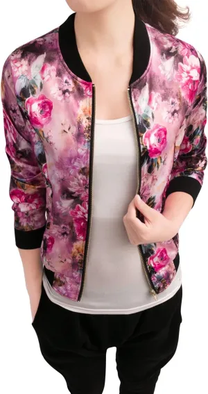 Allegra K Women's Bomber Jacket Long Sleeve Casual Coat Zipper Floral Print Outwear Tops Windbreaker with Pocket
