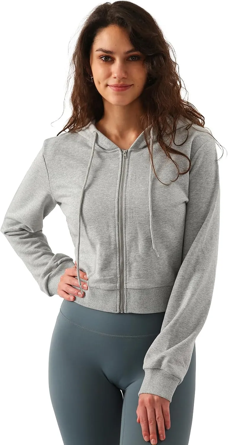 Amazhiyu Women's Cropped Zip up Hoodie Long Sleeves with Drawstring Hooded Cotton Crop Tops