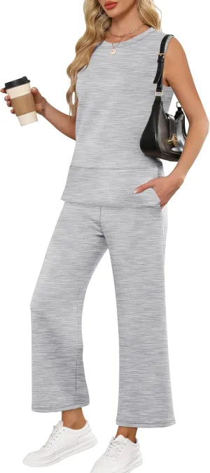 ANRABESS Women's 2 Piece Sets Summer Travel Airplane Outfits Sleeveless Wide Leg Casual Lounge Matching Sweat Set Sweatsuits