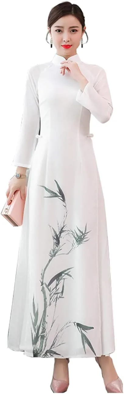 Aries Tuttle White Chinese Style Women's Birthday Party Collar Floral Long Cheongsam Dress Retro Gown Qipao