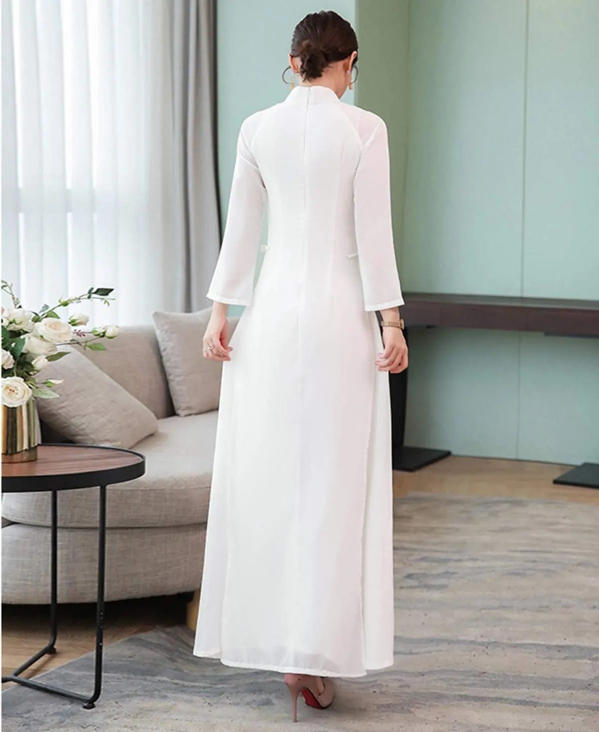 Aries Tuttle White Chinese Style Women's Birthday Party Collar Floral Long Cheongsam Dress Retro Gown Qipao
