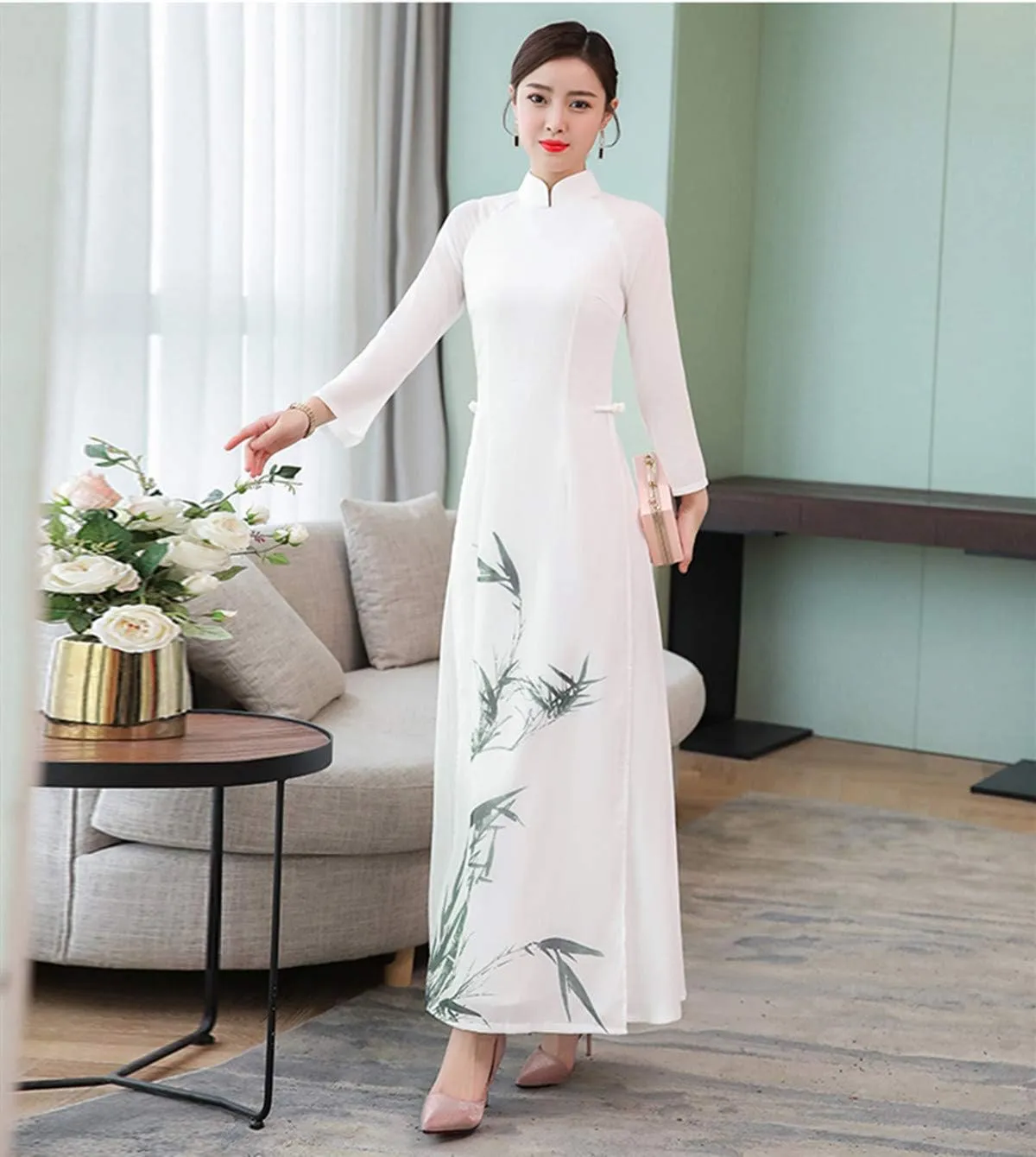Aries Tuttle White Chinese Style Women's Birthday Party Collar Floral Long Cheongsam Dress Retro Gown Qipao