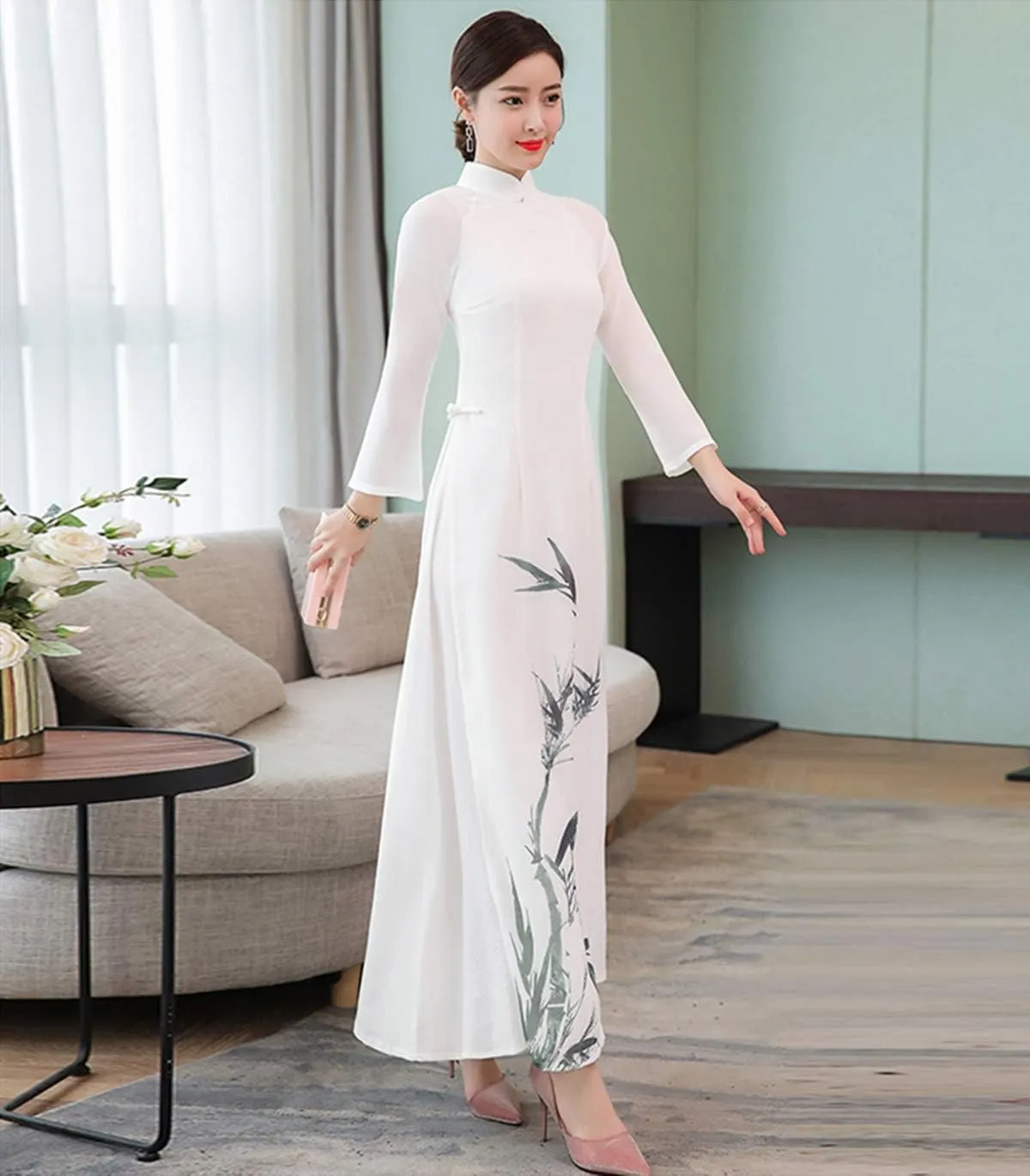 Aries Tuttle White Chinese Style Women's Birthday Party Collar Floral Long Cheongsam Dress Retro Gown Qipao