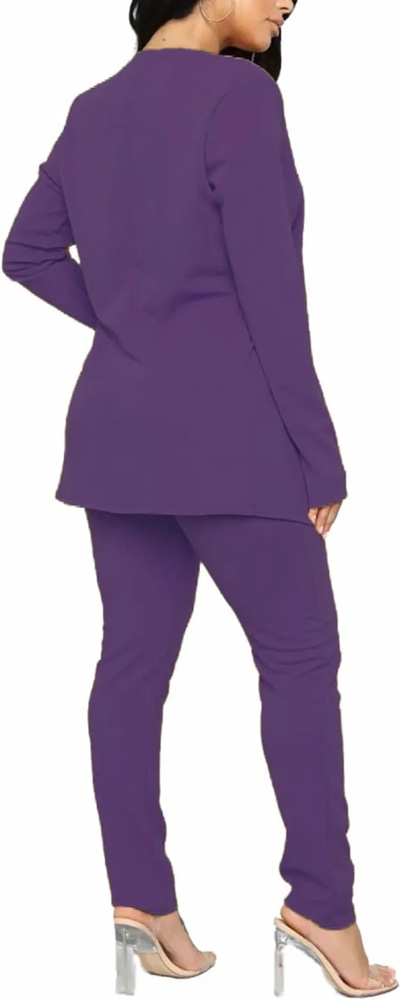Aro Lora Women's 2 Piece Outfit Casual Solid Open Front Blazer and Pencil Pant Suits Set