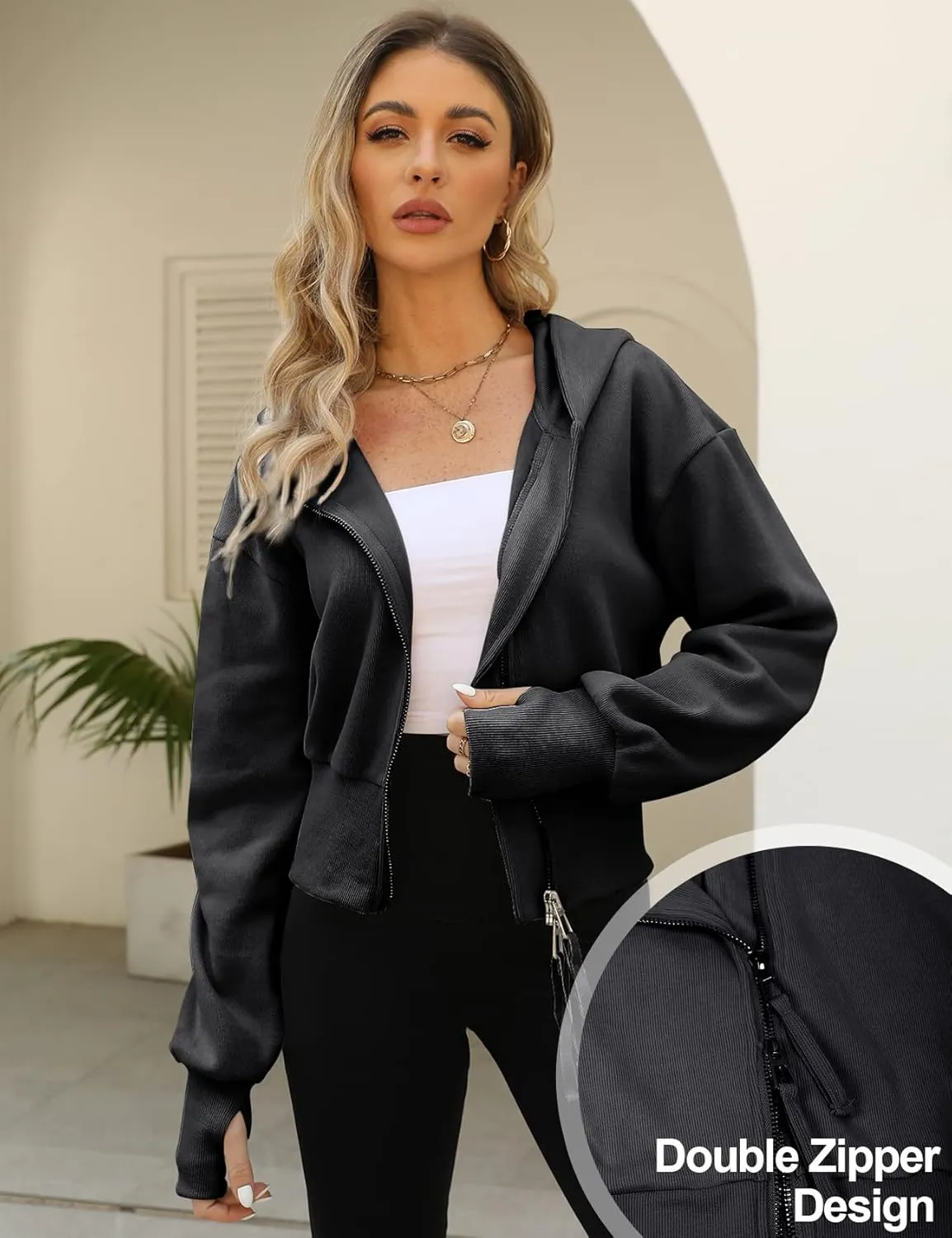 Arssm Cropped Hoodie Women Zip Up Long Sleeve Sweatshirts Casual Fashion Hooded Workout Jacket Crop Top