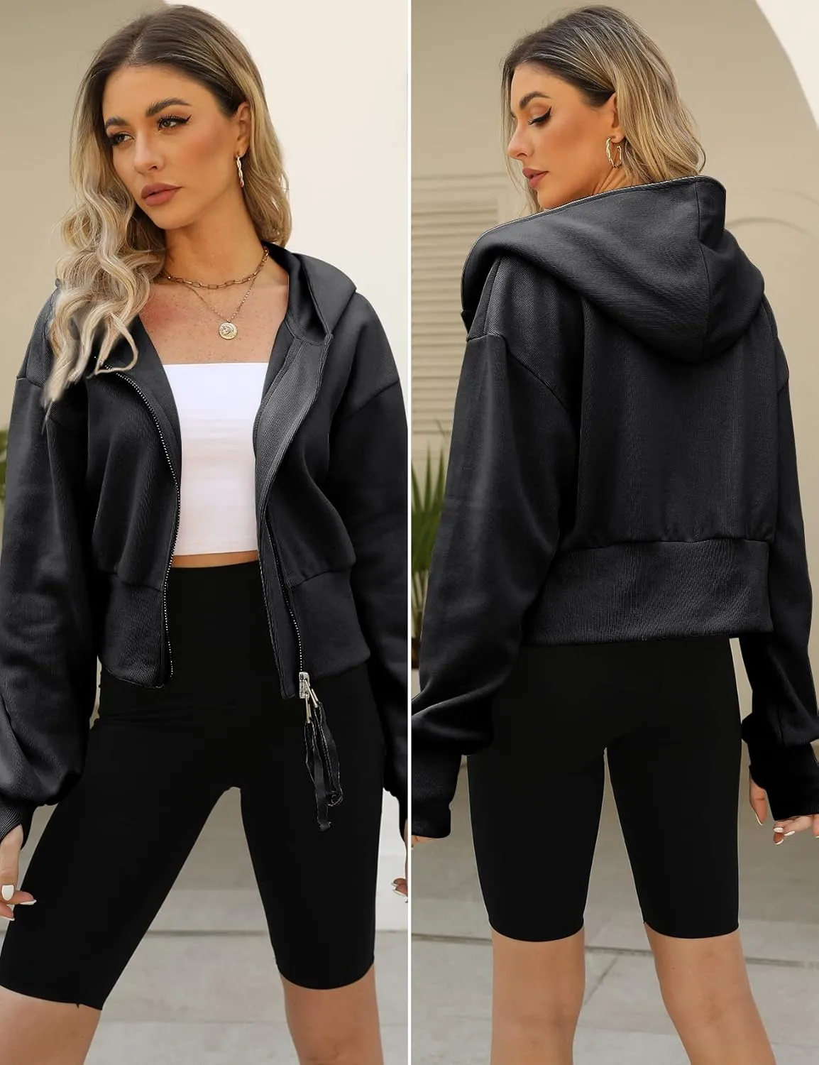 Arssm Cropped Hoodie Women Zip Up Long Sleeve Sweatshirts Casual Fashion Hooded Workout Jacket Crop Top