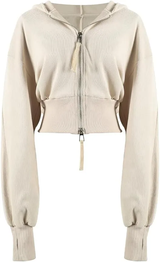 Arssm Cropped Hoodie Women Zip Up Long Sleeve Sweatshirts Casual Fashion Hooded Workout Jacket Crop Top