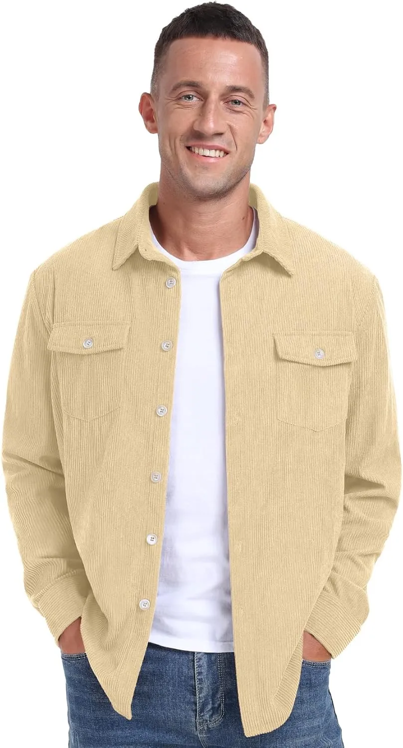 Askdeer Men's Corduroy Button Down Shirts Long Sleeve Casual Shacket Jacket Western Corduroy Shirt Jacket with Flap Pockets