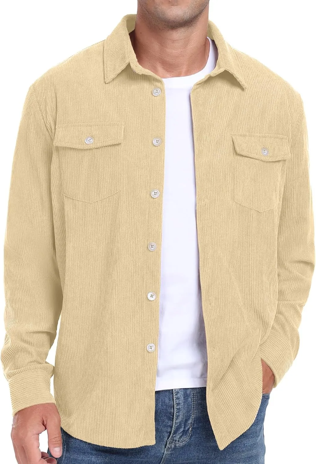Askdeer Men's Corduroy Button Down Shirts Long Sleeve Casual Shacket Jacket Western Corduroy Shirt Jacket with Flap Pockets