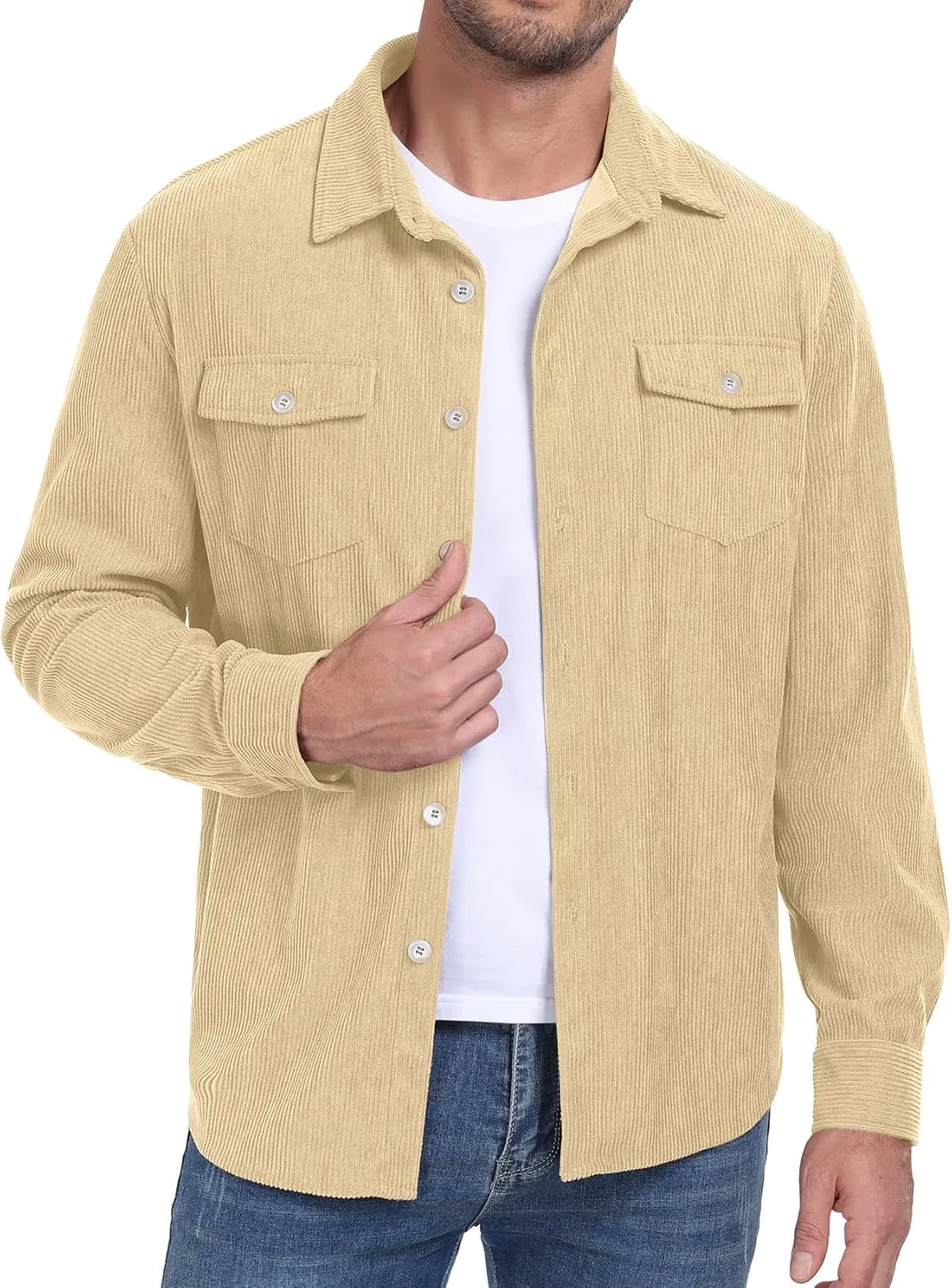 Askdeer Men's Corduroy Button Down Shirts Long Sleeve Casual Shacket Jacket Western Corduroy Shirt Jacket with Flap Pockets