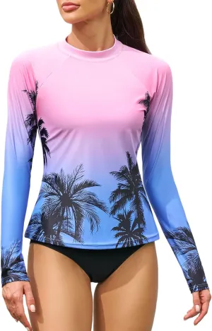 ATTRACO Women's Rash Guard Swim Shirt Long Sleeve Uv Sun Protection Quick Dry Lightweight Printed Shirts with Thumb Holes