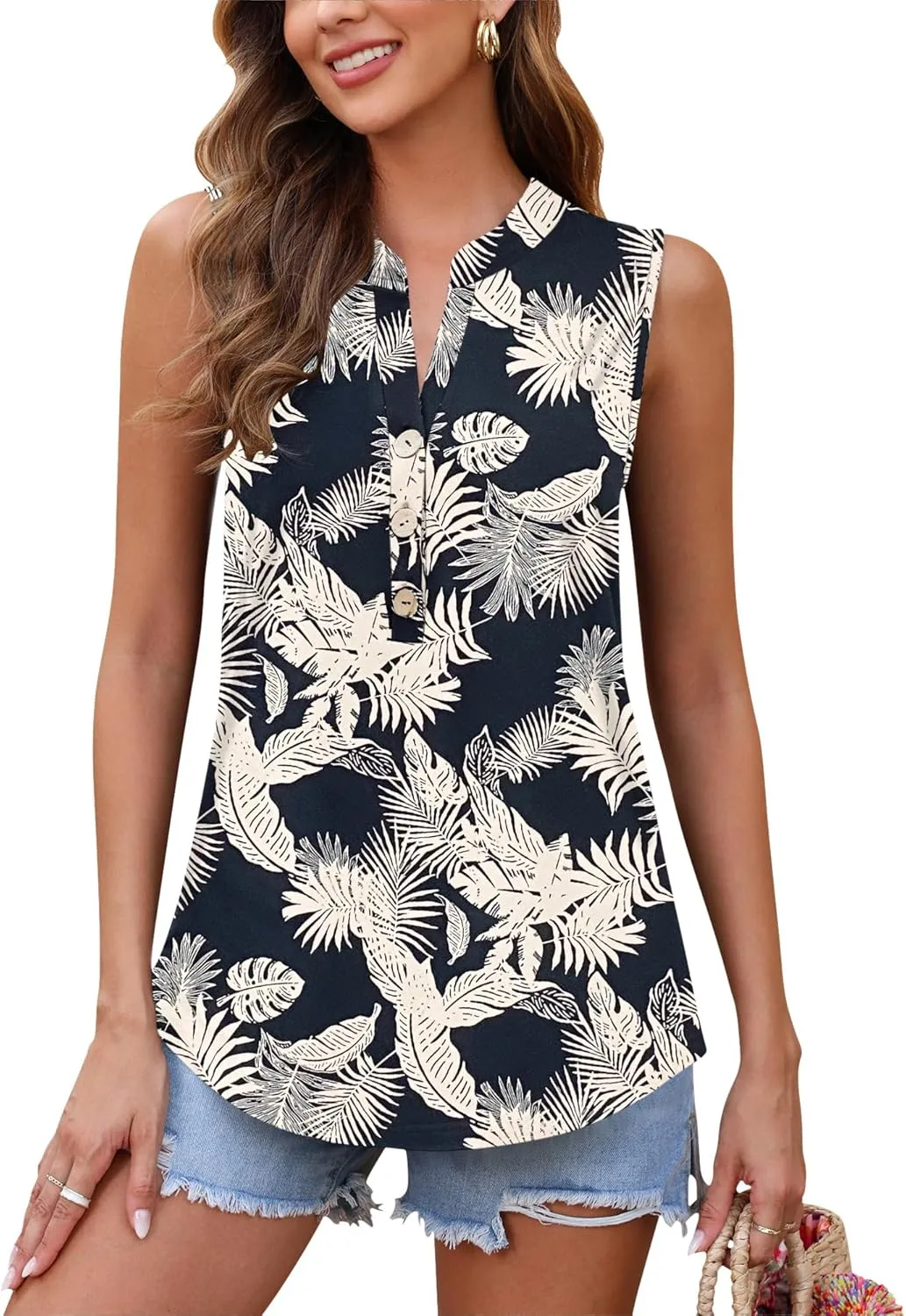 AUSELILY Women's 2025 Summer Slim Tank Tops Ladies V Neck Sleeveless Button Decoration Shirts