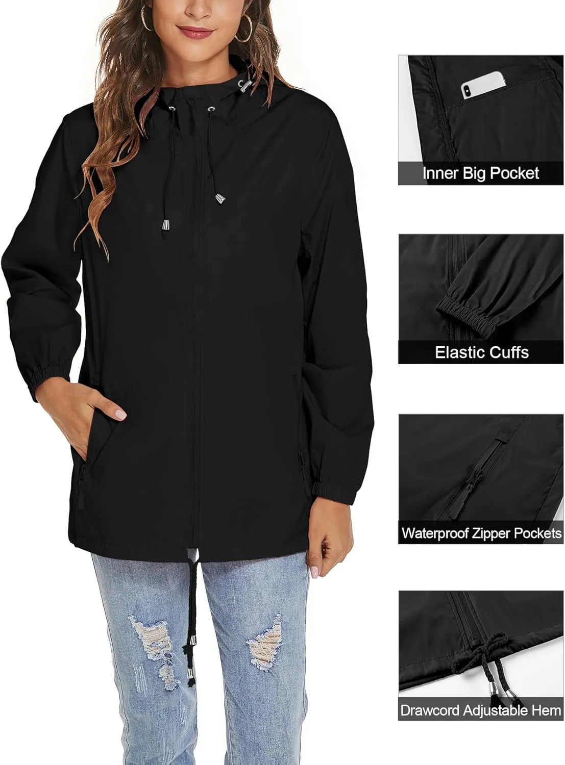 Avoogue Womens Waterproof Raincoat Lightweight Breathable Rain Jacket Hooded Rain Coat Outdoor Active Windbreaker with Pocket
