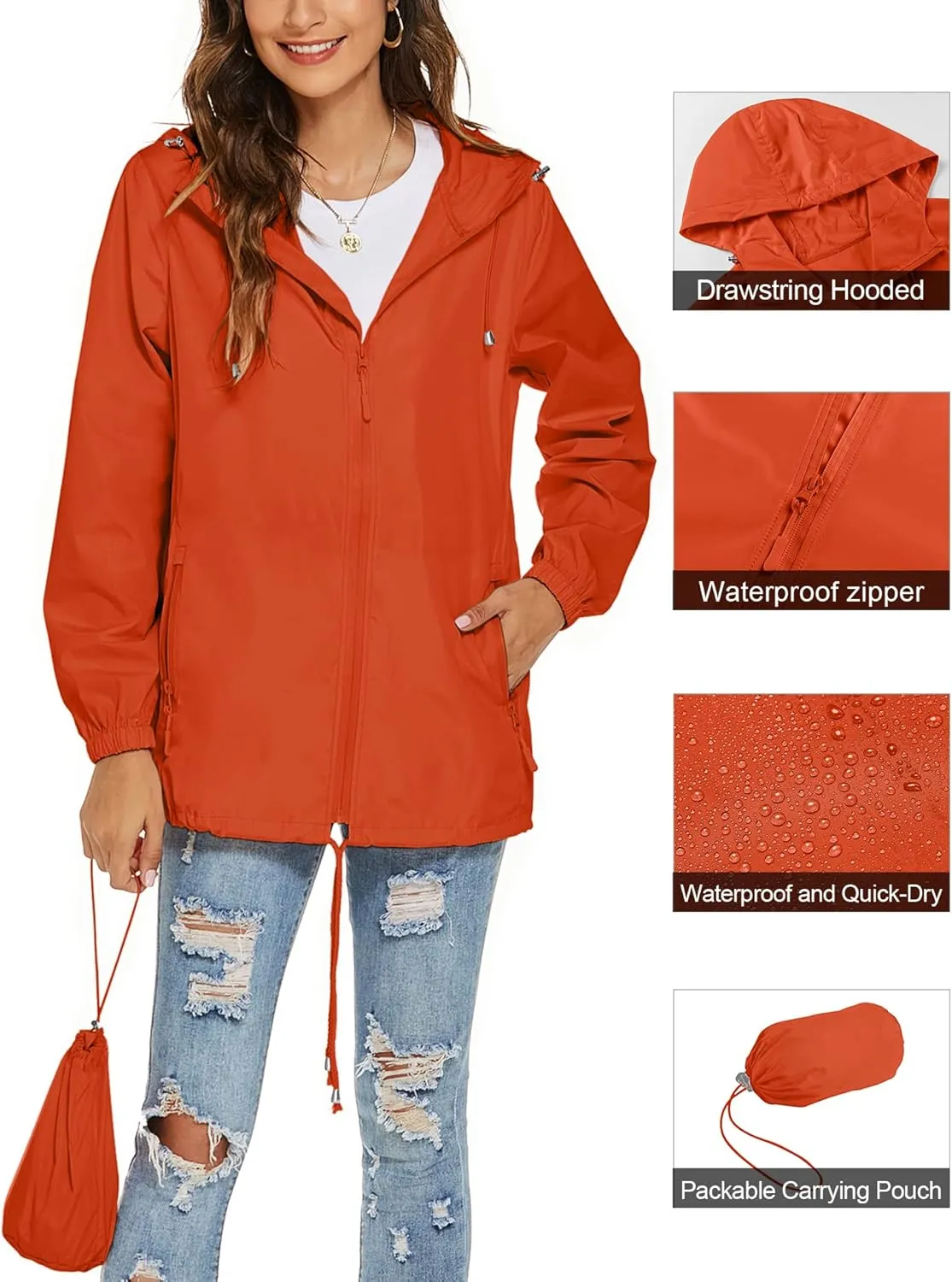 Avoogue Womens Waterproof Raincoat Lightweight Breathable Rain Jacket Hooded Rain Coat Outdoor Active Windbreaker with Pocket