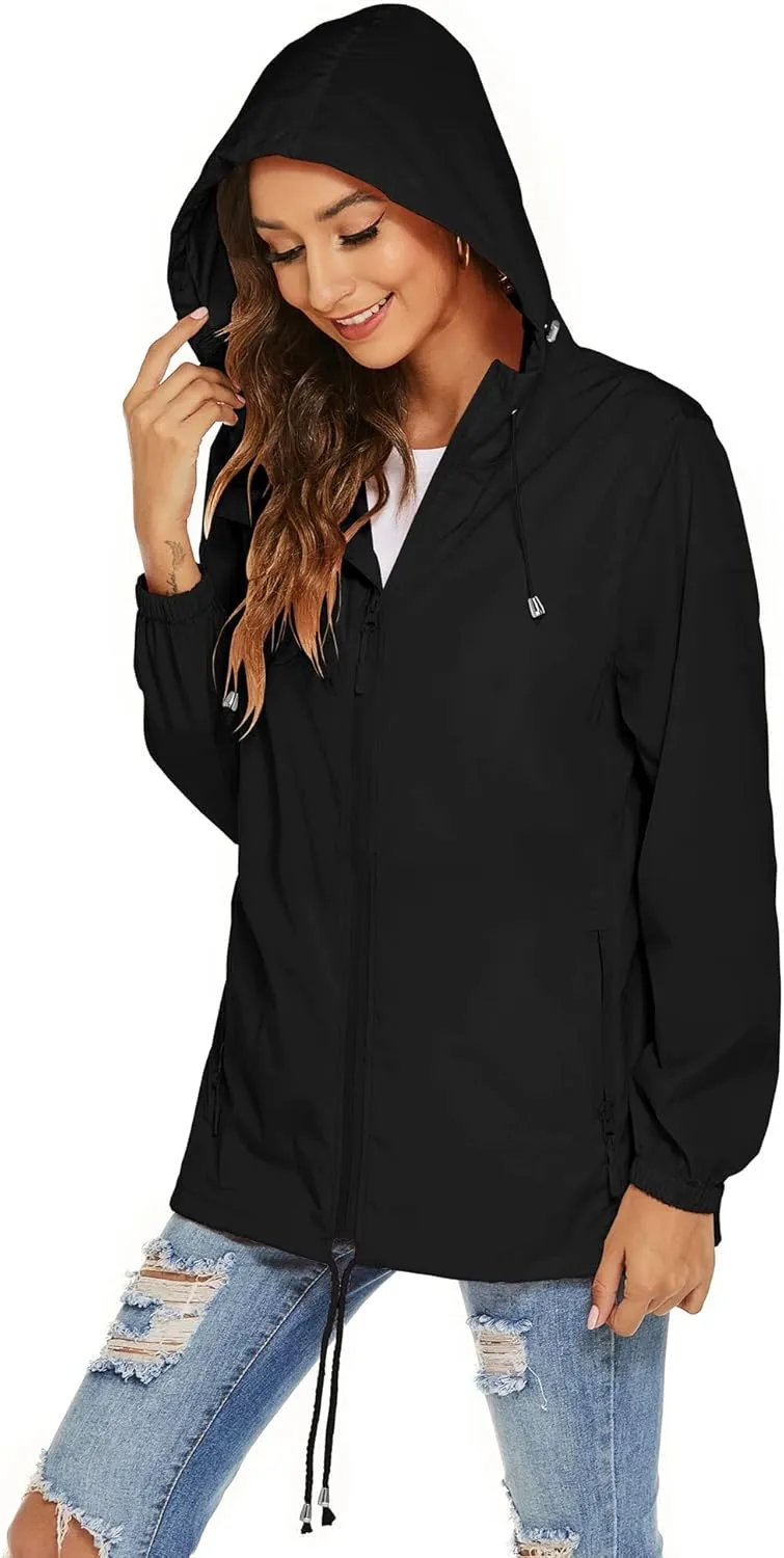 Avoogue Womens Waterproof Raincoat Lightweight Breathable Rain Jacket Hooded Rain Coat Outdoor Active Windbreaker with Pocket