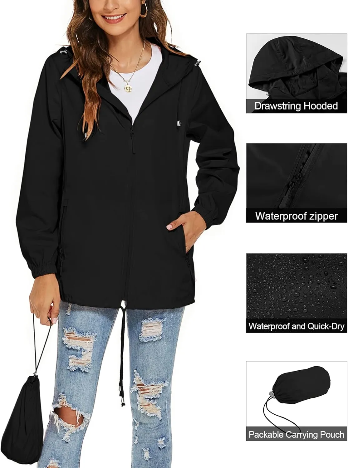 Avoogue Womens Waterproof Raincoat Lightweight Breathable Rain Jacket Hooded Rain Coat Outdoor Active Windbreaker with Pocket