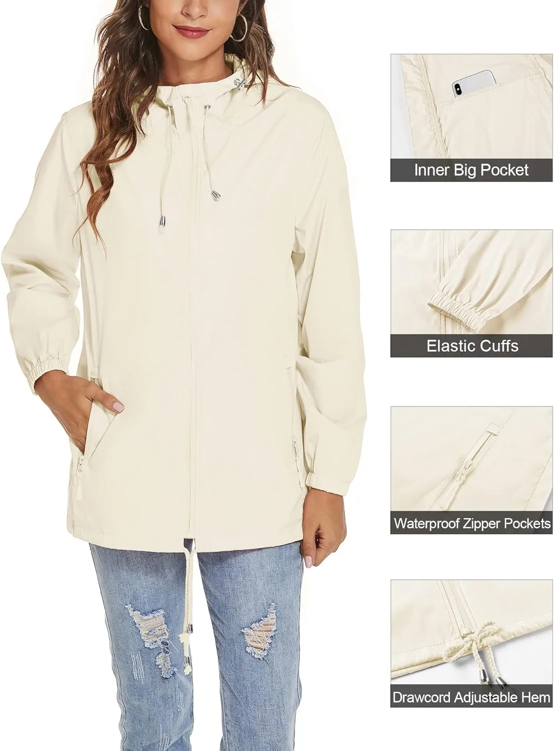 Avoogue Womens Waterproof Raincoat Lightweight Breathable Rain Jacket Hooded Rain Coat Outdoor Active Windbreaker with Pocket
